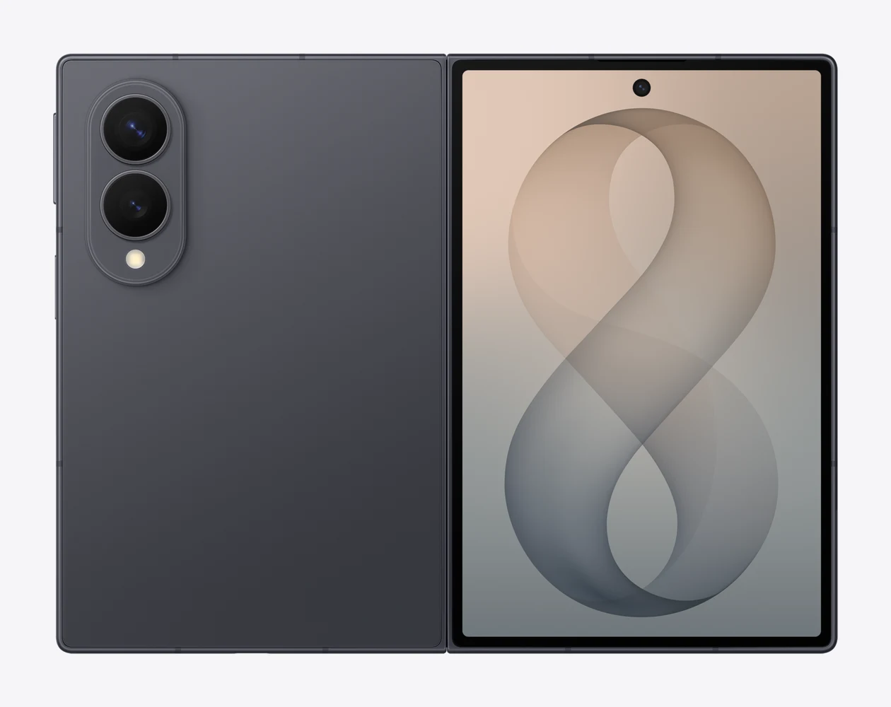 Samsung Galaxy Z Fold8 in Graphite, aufgeklappt mit Vorder- und Rückseite
